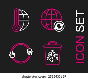 Definir a linha Lixeira com símbolo de reciclagem, Plugue elétrico, Planeta Terra e um termômetro de reciclagem e meteorologia ícone de medição. Vetor
