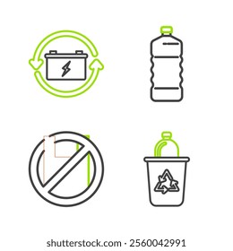 Set line Recycle bin with recycle symbol, Say no to plastic bags poster, Plastic bottle and Battery icon. Vector