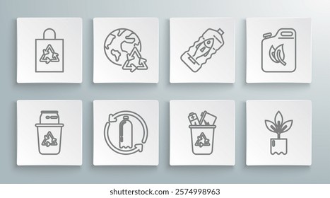 Set line Recycle bin with recycle symbol and can, Planet earth recycling, Recycling plastic bottle, Plant, Stop ocean pollution, Bio fuel canister and Plastic bag icon. Vector