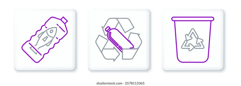 Set line Recycle bin with recycle symbol, Stop ocean plastic pollution and Recycling bottle icon. Vector