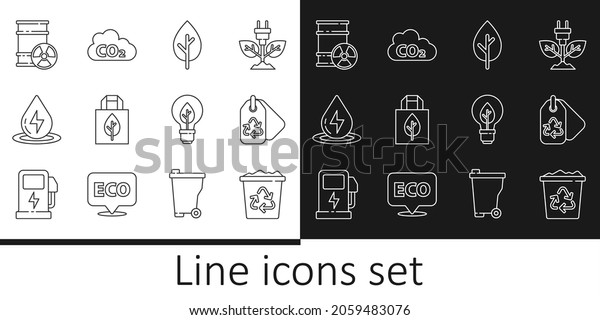 Set line Recycle bin with recycle,
Tag, Tree, Shopping bag, Water energy, Radioactive waste barrel,
Light bulb leaf and CO2 emissions cloud icon.
Vector