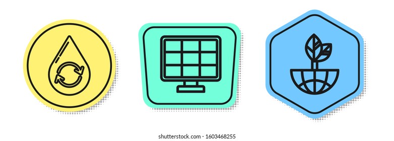 Set line Recycle clean aqua, Solar energy panel and Earth globe and leaf. Colored shapes. Vector