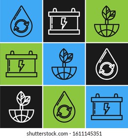 Set line Recycle clean aqua, Earth globe and leaf and Car battery icon. Vector