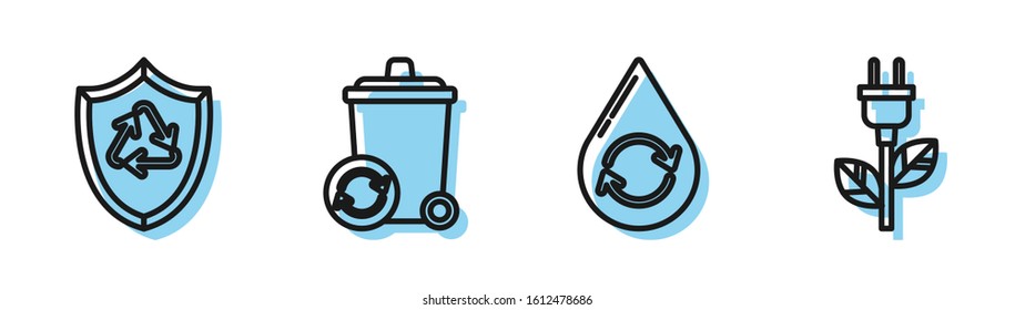 Set line Recycle clean aqua, Recycle symbol inside shield, Recycle bin with recycle symbol and Electric saving plug in leaf icon. Vector