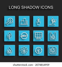 Set line Recycle clean aqua, Leaf plant in gear machine, Lightning bolt, and leaf, Label for eco healthy food, Plastic bag with recycle and Solar energy panel icon. Vector