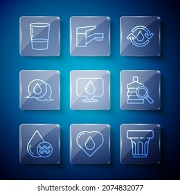 Fijar línea Reciclar agua limpia, Corazón con gota de agua, Vidrio, Ubicación del agua, burbujas de habla e Icono de botella grande. Vector