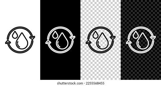 Set line Recyceln Sie sauberes Aqua Symbol einzeln auf schwarz-weißem Hintergrund. Wassertropfen mit Schild Recycling.  Vektorgrafik