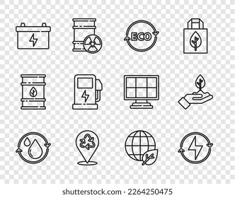 Fijar línea Reciclar agua limpia, Rayo, Etiqueta para comida ecológica saludable, Batería de coches, Estación de carga de coches eléctricos, globo terrestre e icono de la hoja y la mano de la planta. Vector