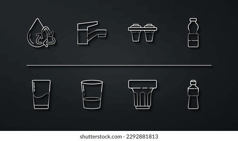 Set line Recycle clean aqua, Glass with water, Bottle of, Water tap,  and filter icon. Vector