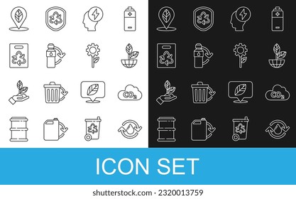Set line Recycle clean aqua, CO2 emissions in cloud, Earth globe and plant, Head electric symbol, Recycling plastic bottle, Paper bag with recycle, Location leaf and Leaf gear machine icon. Vector