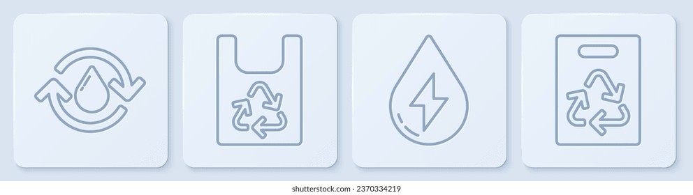 Línea Reciclar agua limpia, energía de agua, bolsa de plástico con reciclador y bolsa de papel con reciclador. Botón cuadrado blanco. Vector