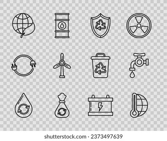 Set line Recycle clean aqua, Meteorology thermometer measuring, symbol inside shield, Garbage bag with recycle, Earth globe and leaf, Wind turbine, Car battery and Water tap icon. Vector
