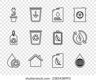 Set line Recycle clean aqua, Earth planet in water drop, Canister machine oil, House, Electric saving plug pot, bin with recycle, Bio fuel canister and  icon. Vector