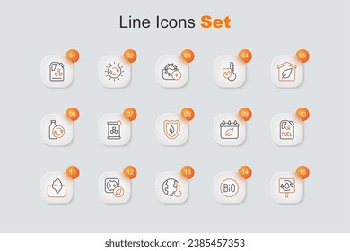Set line Recycle clean aqua, Banner for bio, Earth melting to global warming, Electrical outlet, Iceberg, Bio fuel canister, Calendar with autumn leaves and Shield leaf icon. Vector