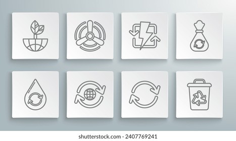 Set line Recycle clean aqua, Wind turbine, Planet earth and recycling, Refresh, with recycle symbol, Recharging, Garbage bag and Earth globe leaf icon. Vector