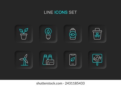 Set line Recycle clean aqua, Mobile phone with leaf, Factory production, Wind turbine, Infectious waste, Eco nature battery, Light bulb and Plant pot icon. Vector