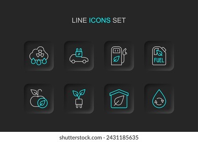 Set line Recycle clean aqua, Eco friendly house, Electric saving plug in leaf, Apple, Bio fuel canister, Petrol or gas station, car and Acid rain radioactive cloud icon. Vector