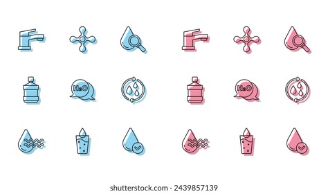 Reciclar agua limpia, vidrio con agua, grifo de agua, gota, fórmula química para H2O, botella grande e icono. Vector