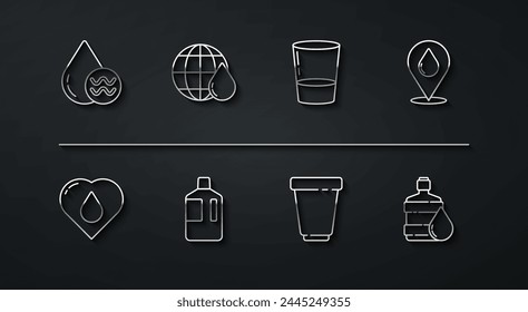 Set line Recycle clean aqua, Heart with water drop, Water location, filter cartridge, Big bottle, Earth planet in,  and Glass icon. Vector