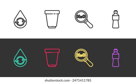 Set line Recycle Clean Aqua, Wasser-Filterpatrone, chemische Formel für H2O und Flasche Wasser auf schwarz und weiß. Vektorgrafik