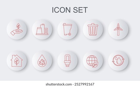 Set line Recycle clean aqua, Eco friendly house, Trash can, Earth globe and leaf, Plant in hand, Factory,  and LED light bulb icon. Vector