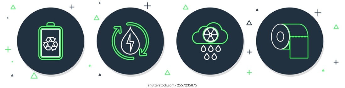 Set line Recycle clean aqua, Acid rain and radioactive cloud, Battery with recycle and Toilet paper roll icon. Vector