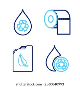 Set line Recycle clean aqua, Bio fuel canister, Toilet paper roll and  icon. Vector