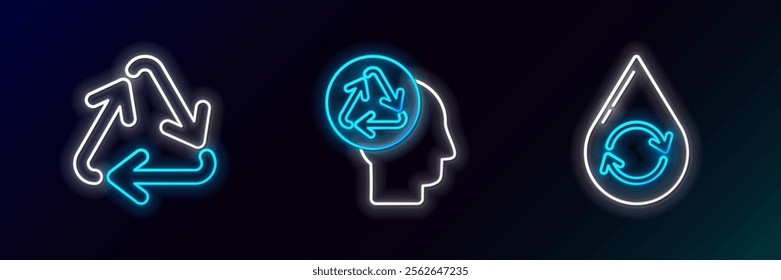 Set line Recycle clean aqua, symbol and Human head with recycle icon. Glowing neon. Vector