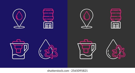 Set line Recycle clean aqua, Water jug with filter, cooler and drop location icon. Vector