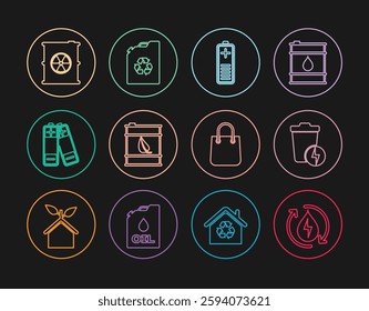 Set line Recycle clean aqua, Lightning with trash can, Battery charge level indicator, Bio fuel barrel, Radioactive waste, Shopping bag and Eco canister icon. Vector