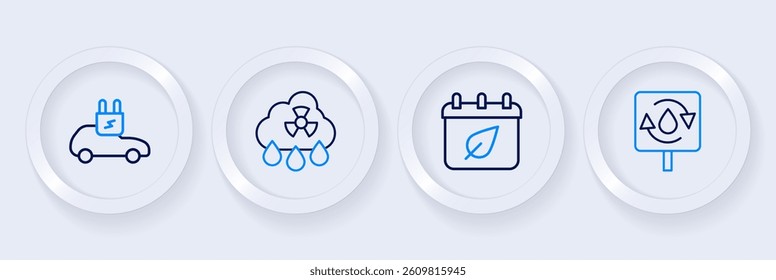 Set line Recycle clean aqua, Calendar with autumn leaves, Acid rain radioactive cloud and Electric car icon. Vector
