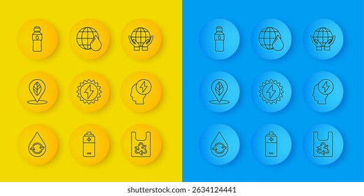 Set line Recycle clean aqua, Location with leaf, Solar energy panel, Plastic bag recycle, Head and electric symbol, Bottle of water, Hands holding Earth globe and planet drop icon. Vector