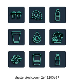 Set line Recycle clean aqua, Glass with water, Bottle of, Water filter cartridge,  and jug icon. Vector