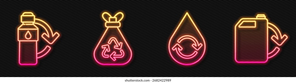 Set Linie Recycle sauberes Wasser, Recycling Plastikflasche, Müllbeutel mit Recycling und Eco-Kraftstoffbehälter. Leuchtendes Neonsymbol. Vektorgrafik