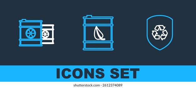 Set line Recycle inside shield, Radioactive waste barrel and Bio fuel icon. Vector