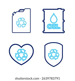Set line Recycle inside shield, Eco friendly heart, Oil barrel and fuel canister icon. Vector
