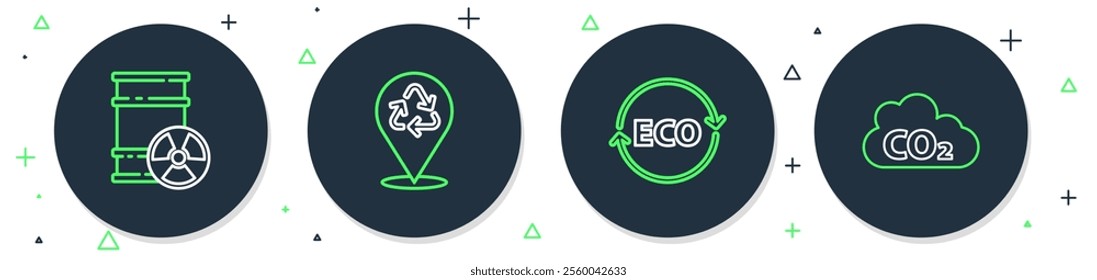 Set line Recycle, Label for eco healthy food, Radioactive waste in barrel and CO2 emissions cloud icon. Vector