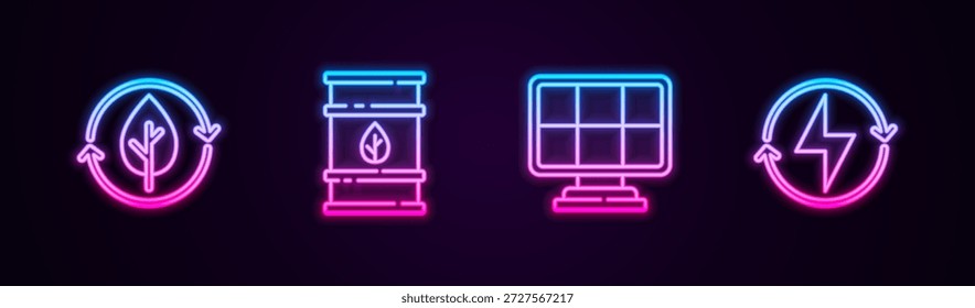 Set línea de reciclaje y hoja, barril de combustible Bio, panel de energía solar y perno de relámpago. Icono de neón brillante. Vector