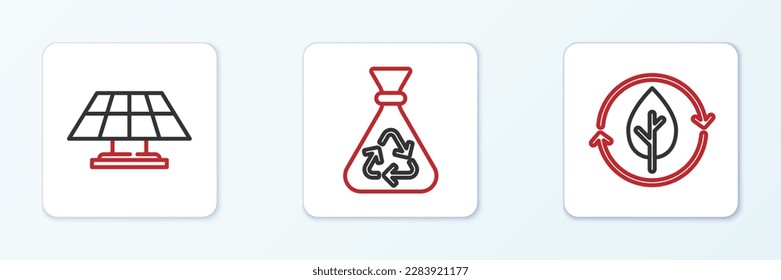Set line Recycle and leaf, Solar energy panel and Garbage bag with recycle icon. Vector