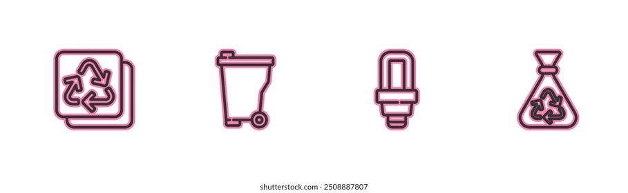 Set line Recycle, LED light bulb, Trash can and Garbage bag with recycle icon. Vector