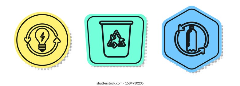 Set line Recycle and light bulb with lightning symbol, Recycle bin with recycle symbol and Recycling plastic bottle. Colored shapes. Vector