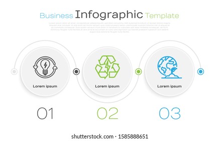 Set line Recycle and light bulb with lightning symbol, Battery with recycle symbol and Earth globe and plant. Business infographic template. Vector