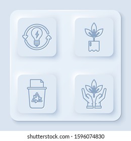Set line Recycle and light bulb with lightning symbol, Plant in bottle, Recycle bin with recycle symbol and Plant in hand of environmental protection. White square button. Vector