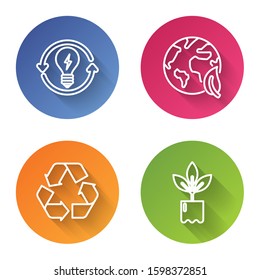 Set line Recycle and light bulb with lightning symbol, Earth globe and leaf, Recycle symbol and Plant in bottle. Color circle button. Vector