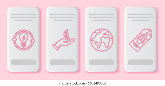 Set line Recycle and light bulb with lightning symbol, Sprout in hand of environmental protection, Earth globe and Stop ocean plastic pollution. White rectangle button. Vector