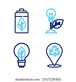 Set line Recycle, Light bulb with leaf,  and Eco nature and battery icon. Vector