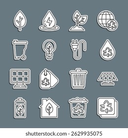 Set line Recycle, Solar energy panel, clean aqua, Plant, Light bulb with leaf, Trash can, Tree and Electric plug icon. Vector