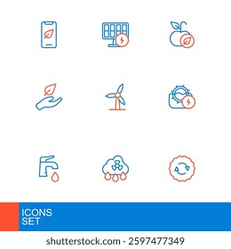 Set line Recycle symbol, Acid rain radioactive cloud, Water tap, mill, Leaf hand, Wind turbine, Apple and Solar energy panel icon. Vector