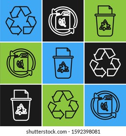 Set line Recycle symbol, Recycle bin with recycle symbol and Bio fuel canister icon. Vector