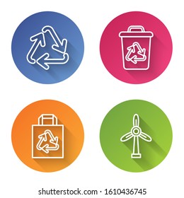 Set line Recycle symbol, Recycle bin with recycle symbol, Paper shopping bag with recycle and Wind turbine. Color circle button. Vector